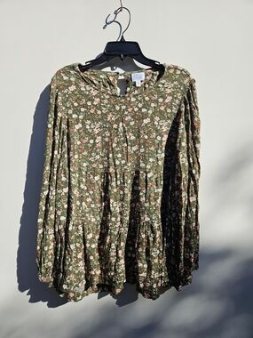 Olive Green Floral Peasant Blouse Sz XXL